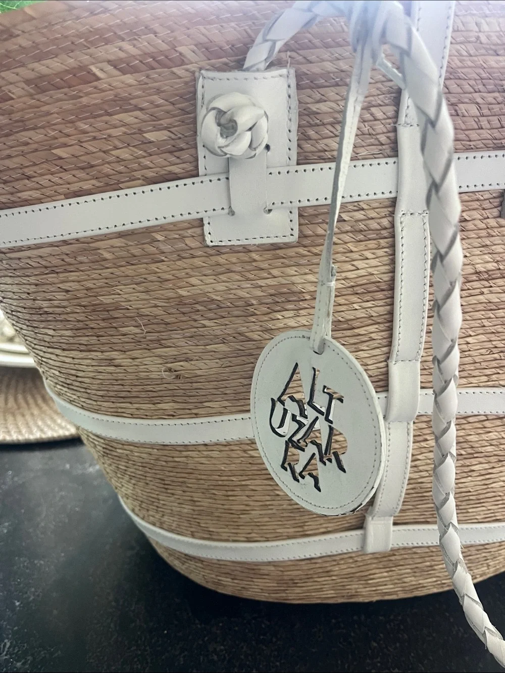 EUC Altuzarra Watermill large raffia tote with white leather braided straps